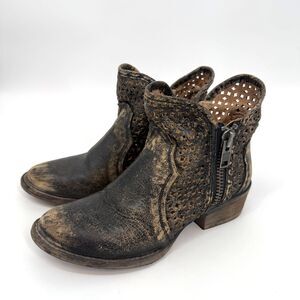 Circle G Corral Side Zip Boot Bootie Distressed Leather Cutout Gray Women Sz 8